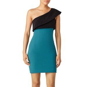 Blue Monique Lhuillier Black & Teal Color Block One Shoulder Bodycon Dress sz 8